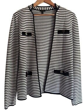 Talbots XS Black White Striped Open Front Sweater Blazer Jacket